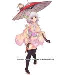  1girl black_legwear blush breasts detached_sleeves eigetu flower flower_knight_girl frills full_body grey_hair grin gun habotan_(flower_knight_girl) hair_flower hair_ornament large_breasts looking_at_viewer monkey official_art parasol pink_skirt red_eyes sandals short_hair skirt smile solo standing thigh-highs umbrella weapon 