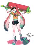  1girl balloon bangs bike_shorts blunt_bangs collarbone colo_(nagrolaz) grin highres inkling midriff navel paint_roller pointy_ears redhead shoes signature simple_background smile sneakers socks solo splatoon tentacle_hair watermark web_address white_background year yellow_eyes 