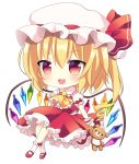  1girl blonde_hair bobby_socks chibi cravat crossed_legs fang flandre_scarlet hat hat_ribbon looking_at_viewer mary_janes mayo_(miyusa) mob_cap open_mouth puffy_short_sleeves puffy_sleeves red_eyes ribbon shoes short_hair short_sleeves side_ponytail simple_background skirt skirt_set socks solo stuffed_animal stuffed_toy teddy_bear touhou white_background wings wrist_cuffs 