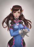  1girl absurdres bangs bodysuit breasts brown_eyes brown_hair d.va_(overwatch) facial_mark gloves headphones highres lipgloss lips long_hair looking_at_viewer overwatch parted_lips pilot_suit skin_tight smile solo swept_bangs white_gloves 