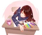  1girl absurdres bodysuit brown_eyes brown_hair bunny_print closed_eyes colored_pencil cup d.va_(overwatch) desk facial_mark headphones highres long_hair long_sleeves overwatch pauld pencil school_desk school_uniform sleeping solo 