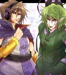  2boys arm_guards bangs brown_eyes brown_hair cape earmuffs earrings genderswap green_hair hair_between_eyes hands_in_pockets hat jewelry looking_at_viewer male multiple_boys ofuda open_mouth pointy_ears ryuuichi_(f_dragon) short_hair sleeveless smile soga_no_tojiko tate_eboshi touhou toyosatomimi_no_miko violet_eyes 