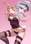  1girl absurdres bangs belt black_legwear black_leotard breasts bunny_tail cropped_jacket eyelashes folded_ponytail frills garter_straps garters hair_between_eyes hands_up hat head_tilt highres holding holding_sword holding_weapon league_of_legends leotard long_hair looking_at_viewer necktie no_ears open_mouth peaked_cap pink_lips pink_necktie red_eyes riven_(league_of_legends) shade short_hair shou_xun_bu_liang silver_hair simple_background sleeves_rolled_up solo strapless strapless_leotard swept_bangs sword tail teeth thigh-highs vambraces weapon white_hair white_hat 