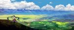  1girl castle city clouds dress grass hatsune_miku highres hill landscape long_hair mountain nai_zi outstretched_arms scenery sky twintails vocaloid 