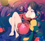  1girl barefoot brown_hair choker floral_print from_above highres japanese_clothes kimono koutetsujou_no_kabaneri looking_at_viewer lying manabebebe mumei_(kabaneri) off_shoulder on_side partially_submerged profile ribbon ribbon_choker ripples short_hair short_kimono solo water yellow_eyes 