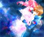  1boy 1girl brown_hair closed_eyes flay_allster gundam gundam_seed hands_on_another&#039;s_face kira_yamato long_hair pilot_suit pink_clothes redhead short_hair space star_(sky) tears traditional_media watercolor_(medium) 