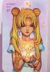  1girl bare_shoulders beads bishoujo_senshi_sailor_moon blonde_hair breasts card_(medium) cleavage crescent dated double_bun dress facial_mark forehead_mark frown hair_beads hair_ornament looking_down photo princess_serenity qinni solo star traditional_media tsukino_usagi twintails upper_body watermark web_address white_dress 