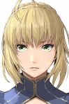  1girl absurdres ahoge blonde_hair enami_katsumi fate/stay_night fate_(series) green_eyes highres looking_at_viewer parted_lips saber solo upper_body white_background 