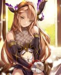 1girl armor backlighting bangs blurry bound bound_wrists breasts brown_eyes brown_hair bush cape clenched_hands closed_mouth cowboy_shot depth_of_field detached_sleeves eredhen eyelashes frills gloves glowing granblue_fantasy hairband head_tilt head_wings lace_trim light_particles long_hair looking_at_viewer navel pelvic_curtain restrained shade solo song_(granblue_fantasy) stomach window yellow_eyes 