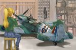  1girl aircraft airplane artist_name back blonde_hair boots camouflage chair cup dated denim drinking from_behind garage hair_ornament highres holding holding_cup indoors jeans long_hair long_sleeves original pants ponytail propeller sitting solo spitfire_(airplane) steam sweater tokihama_jirou turtleneck turtleneck_sweater 