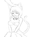 1girl bare_arms bell bell_choker bishoujo_senshi_sailor_moon bob_cut breasts cat_ears cat_tail catgirl choker cleavage closed_eyes dress fang hand_on_another&#039;s_head happy monochrome monster_girl nekomimi nekonelle open_mouth petting short_hair sitting sleeveless_dress smile strapless_dress tail 