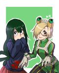  1girl 2girls :&gt; :p artist_name asui_tsuyu bags_under_eyes belt black_eyes black_hair blonde_hair blush bodysuit boku_no_hero_academia cosplay costume_switch crossover ear_piercing earrings eyelashes frog_girl gloves goggles goggles_on_head hair_over_one_eye hair_rings highres hood hoodie idolmaster idolmaster_cinderella_girls jewelry long_hair looking_at_viewer low-tied_long_hair monster_girl multiple_girls piercing ratatatat74 red_eyes shirasaka_koume short_hair sketch sleeves_past_wrists sweatdrop tongue tongue_out 