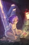 1girl barefoot breasts cityscape cleavage cyberpunk cyborg dutch_angle flower green_eyes highres kneeling lens_flare original purple_hair rtil short_hair short_shorts shorts solo staring toes 