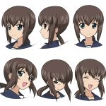  &gt;:) 1girl :d ^_^ ^o^ blue_eyes blush brown_hair closed_eyes closed_mouth collarbone expressions eyebrows eyebrows_visible_through_hair face from_side fubuki_(kantai_collection) head_tilt iwahana kantai_collection looking_down low_ponytail open_mouth profile sad short_hair sidelocks simple_background smile upper_body white_background 