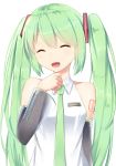  1girl closed_eyes detached_sleeves green_eyes green_hair hatsune_miku highres ji_dao_ji long_hair necktie open_mouth simple_background solo twintails upper_body very_long_hair vocaloid white_background 