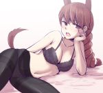  1girl alexandra_serbanescu animal_ears arm_support black_bra bra braid breasts brown_eyes brown_hair cleavage dog_ears dog_tail liar_lawyer long_hair looking_at_viewer lying navel on_side open_mouth panties panties_under_pantyhose pantyhose partially_undressed scar scar_across_eye solo strike_witches tail underwear 