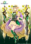  1girl acacia_(flower_knight_girl) armor armored_dress blonde_hair boots cape circlet city_forest_online flower flower_knight_girl full_body gradient gradient_background green_background green_boots knee_boots looking_at_viewer metal_boots official_art see-through short_hair skirt smile solo standing sword violet_eyes weapon white_background yellow_skirt 