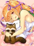  1girl 2016 bow breasts city_forest_online cleavage dated epidendrum_(flower_knight_girl) flower_knight_girl hair_bow hair_ribbon long_hair lying on_side one_eye_closed orange_hair pink_background purple_bow purple_ribbon rabbit raccoon red_eyes ribbon side_ponytail signature smile solo 