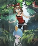  1girl :o alternate_color bare_shoulders bike_shorts black_eyes black_shorts blue_eyes blue_sky brown_eyes brown_hair bw_shazi closed_mouth dappled_sunlight day forest grass hair_ribbon hairband haruka_(pokemon) highres in_tree nature open_mouth outdoors plant pokemon pokemon_(creature) pokemon_(game) pokemon_oras ralts red_ribbon ribbon seedot shiny_pokemon short_hair short_shorts shorts shorts_under_shorts sky sleeveless standing sunlight tank_top tree white_shorts wurmple yellow_sclera zigzagoon 