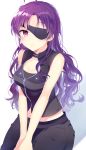  1girl bare_shoulders breasts cleavage eyepatch long_hair looking_at_viewer midriff mirai_nikki pinb purple_hair shadow shiny shiny_skin simple_background sitting sleeveless solo uryuu_minene v_arms violet_eyes white_background 