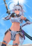  1girl blue_eyes blue_sky breasts cleavage desert drinking elbow_gloves from_below gloves hairband hand_on_hip highres horn hot kirin_(armor) lens_flare loincloth midriff monster_hunter navel sheath sheathed silver_hair sky solo sun sweat sweating sword tesshii_(riza4828) thigh-highs weapon 