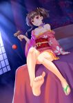  1girl absurdres bare_shoulders barefoot beiyu breasts brown_hair cleavage highres japanese_clothes kendama kimono koutetsujou_no_kabaneri looking_at_viewer mumei_(kabaneri) sandals sitting smile solo two_side_up 