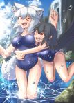  2girls animal_ears bare_shoulders black_hair black_wings breasts collarbone fang inubashiri_momiji large_breasts looking_at_another marusan multiple_girls one_eye_closed open_mouth red_eyes school_swimsuit shameimaru_aya short_hair silver_hair swimsuit tail touhou water waterfall wings wolf_ears wolf_tail 