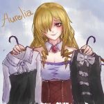  1girl artist_request aurelia_(dorei_to_no_seikatsu) bare_shoulders blonde_hair blush brooch character_name clothes_hanger detached_collar dorei_to_no_seikatsu_~teaching_feeling~ drill_hair hair_over_one_eye highres holding_clothes jewelry lipstick long_hair looking_at_viewer makeup purple_lipstick red_eyes smile solo upper_body 