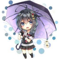  1girl :&lt; :d ahoge black_hair blue_eyes blush braid chibi fingerless_gloves gloves hair_between_eyes hair_flaps hair_ornament hair_over_shoulder holding holding_umbrella kantai_collection kneehighs long_hair looking_at_viewer neckerchief open_mouth pleated_skirt remodel_(kantai_collection) school_uniform serafuku shigure_(kantai_collection) short_sleeves single_braid skirt smile solo teruterubouzu umbrella yuihira_asu yuudachi_(kantai_collection) 