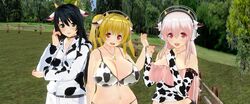  3d 3girls animal_ears bare_shoulders bell bell_collar bikini black_hair blonde_hair blush breasts bridal_gauntlets cleavage collar cow_ears cow_horns cow_print custom_maid_3d_2 elbow_gloves fujimi_suzu gloves green_eyes headphones highres hood hoodie horns huge_breasts large_breasts long_hair looking_at_viewer multiple_girls navel open_mouth orange_eyes pants pink_eyes pink_hair plump short_hair smile super_pochaco super_sonico swimsuit twintails uld_macaron 