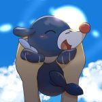  blush blush_stickers closed_eyes clouds happy holding lowres open_mouth pokemon pokemon_(game) popplio pov seal sky smile sun 