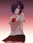  1girl black_hair black_skirt hair_over_one_eye kirishima_touka pleated_skirt red_eyes school_uniform shirt short_hair skirt sky solo star_(sky) starry_sky tokyo_ghoul white_shirt 