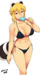  1girl animal_ears araiguma-san bikini black_bikini blonde_hair breasts cleavage large_breasts navel original popsicle raccoon_ears raccoon_tail red_eyes short_hair side-tie_bikini simple_background solo swimsuit tail tsukudani_(coke-buta) white_background 