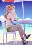  1girl aikatsu! bare_arms bare_legs bare_shoulders beach beach_umbrella bikini_top blue_sky blush brown_hair buckle chair chin_rest clouds coast collarbone crossed_legs cup day drink drinking_glass drinking_straw earrings funyariko green_shorts hair_ornament hands_up highres horizon jewelry liquid long_hair looking_at_viewer mouth_hold multicolored_hair natsuki_mikuru navel no_legwear ocean outdoors own_hands_together pink_lips ponytail red_bikini_top red_eyes redhead sand sandals shore short_shorts shorts sitting sky solo star star_earrings star_hair_ornament stomach streaked_hair summer sunglasses sunglasses_on_head table umbrella water 