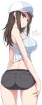  1girl ass bare_shoulders brown_eyes brown_hair crop_top dimples_of_venus from_behind girls_und_panzer hat long_hair looking_back midriff mika_(girls_und_panzer) samegami short_shorts shorts signature simple_background sleeveless smile solo white_background 