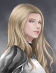  1girl absurdres blonde_hair bodysuit claymore grey_background grey_eyes highres looking_at_viewer pauldrons profile roland-gin solo teresa wavy_hair 