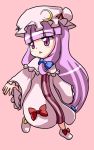  1girl akabashi_yuusuke chibi crescent crescent_hair_ornament hair_ornament hat highres long_hair mob_cap patchouli_knowledge pink_background purple_hair solo touhou triangle_mouth very_long_hair violet_eyes wide_sleeves 