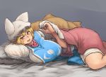  1girl bed_sheet blonde_hair blush breasts chanta_(ayatakaoisii) come_hither dress fox_tail hat head_on_arm huge_breasts long_sleeves looking_at_viewer lying multiple_tails on_side open_mouth pillow pillow_hat short_hair solo tabard tail touhou yakumo_ran 