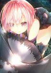  1girl armor bare_shoulders black_dress black_legwear blush breasts commentary_request dress elbow_gloves eyebrows eyebrows_visible_through_hair fate/grand_order fate/stay_night fate_(series) gloves hair_over_one_eye leaning_forward looking_at_viewer pink_eyes pink_hair shield shielder_(fate/grand_order) short_hair smile solo suneo thigh-highs 