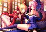  2girls ahoge animal_ears blonde_hair blue_legwear blush bow caster_(fate/extra) epaulettes fate/extra fate_(series) flower green_eyes hair_bow japanese_clothes kimono looking_at_viewer multiple_girls obi pink_hair saber_extra sash see-through skirt smile thigh-highs toshi_(1-147) 