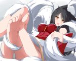  1girl absurdres ahri animal_ears bare_shoulders barefoot black_hair blush breasts crossed_legs detached_sleeves facial_mark fang fingernails fox_ears fox_tail highres korean_clothes large_breasts league_of_legends looking_at_viewer multiple_tails open_mouth panties solo tail underwear whisker_markings yellow_eyes 
