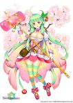  1girl ahoge bag bow breasts cherry_blossoms cherry_hair_ornament choker city_forest_online cleavage copyright_name flower flower_knight_girl food_themed_clothes food_themed_hair_ornament full_body gloves green_hair hair_bobbles hair_ornament hammer large_breasts long_hair looking_at_viewer official_art pink_bow pink_shoes red_eyes sakuranbo_(flower_knight_girl) shoes skirt smile solo standing striped striped_legwear thigh-highs white_background white_gloves 