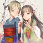  2girls black_eyes black_hair blonde_hair cherry_blossoms fox_shadow_puppet hair_ornament idolmaster idolmaster_cinderella_girls japanese_clothes kimono kobayakawa_sae long_hair looking_at_viewer multiple_girls one_eye_closed sash shiomi_shuuko shizuru_(daikoukaizidai) short_hair smile wide_sleeves 