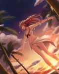  1girl armpits bikini breasts brown_eyes brown_hair cleavage flower from_below groin hair_flower hair_ornament keikei_(kitty_colors) long_hair navel open_mouth original outdoors palm_tree solo swimsuit tree white_bikini 