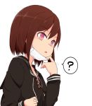  1girl ? black_serafuku blush brown_hair commentary_request cross-laced_clothes hoojiro_(found1093) long_sleeves mask mask_pull open_mouth original pink_eyes sailor_collar school_uniform serafuku solo speech_bubble spoken_question_mark surgical_mask 