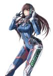  1girl bangs bodysuit breasts brown_eyes brown_hair contrapposto cowboy_shot d.va_(overwatch) facial_mark gloves headphones highres lipgloss lips long_hair looking_at_viewer overwatch parted_lips pilot_suit simple_background smile solo standing swept_bangs white_background white_gloves 