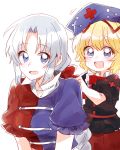  2girls :d blonde_hair commentary_request constellation hat headwear_removed medicine_melancholy multiple_girls nurse_cap open_mouth puffy_short_sleeves puffy_sleeves red_cross ribbon short_sleeves silver_hair simple_background six_(fnrptal1010) smile touhou trigram white_background yagokoro_eirin 