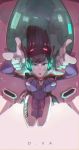  1girl aiming_at_viewer bangs bodysuit breasts brown_eyes brown_hair character_name d.va_(overwatch) facial_mark finger_gun gloves headphones highres long_hair looking_at_viewer lying mecha on_back open_mouth overwatch pilot_suit pointing pointing_at_viewer reroi solo swept_bangs white_gloves 