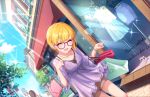  1girl artist_request bag bangs blonde_hair blush bracelet closed_eyes collarbone glasses idolmaster idolmaster_cinderella_girls idolmaster_cinderella_girls_starlight_stage jewelry miyamoto_frederica necklace official_art open_mouth shopping shopping_bag short_hair shorts sky smile solo 
