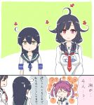  ? ahoge apron bangs black_hair cink-knic closed_eyes commentary confused finger_to_mouth hair_bobbles hair_ornament hair_over_shoulder hair_tubes kantai_collection long_hair necktie pink_hair red_eyes sazanami_(kantai_collection) school_uniform serafuku smile sweatdrop taigei_(kantai_collection) translation_request twintails ushio_(kantai_collection) whale_print yellow_eyes 